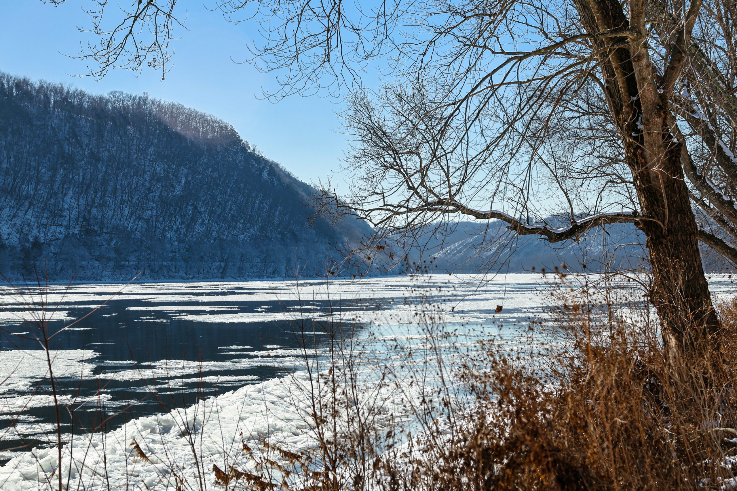 Professional photo of the Susquehanna River with scenic mountain background under clear sky