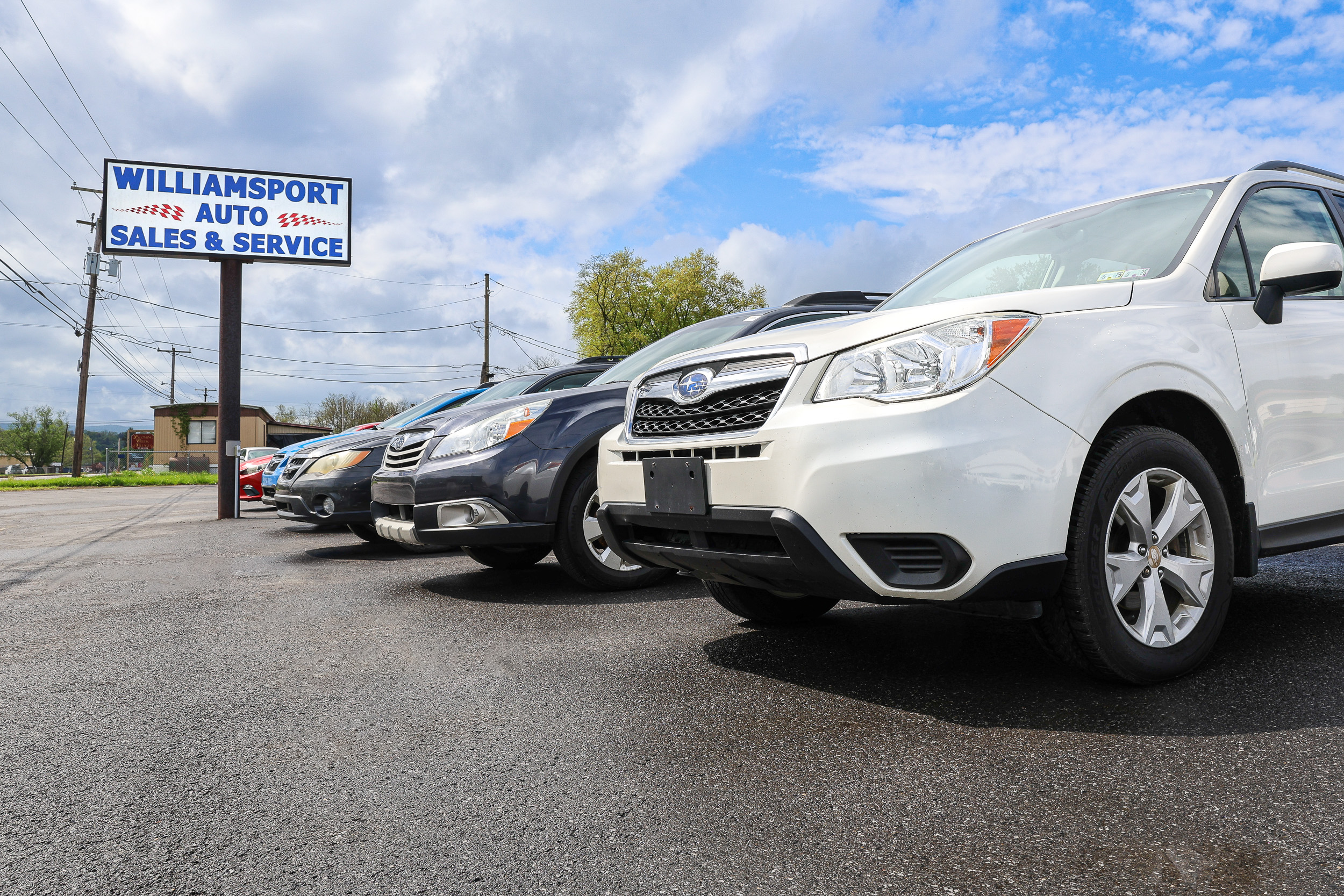 Professional photo of Williamsport Auto Sales and Service sign with multiple cars for sale in the foreground, captured by Ink & Arrow
