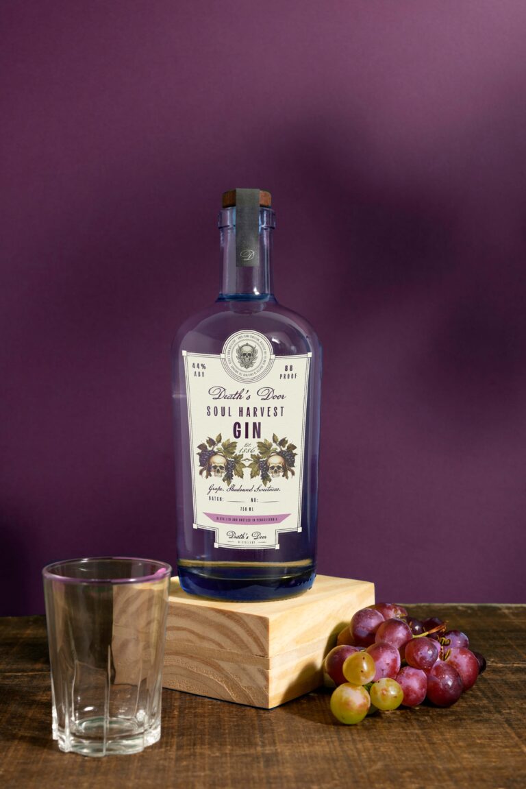 Liquor Bottle Label Design – Stylish Packaging for Alcoholic Beverages - Ink & Arrow Marketing Co. Elegant liquor bottle label design displayed on a premium bottle for retail presentation