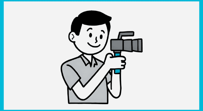 Photographer cartoon showing video marketing in action - Ink & Arrow Marketing Co. Cartoon drawing of a photographer holding his camera, representing the impact of video marketing, video production services, and a strong sales strategy in business growth.
