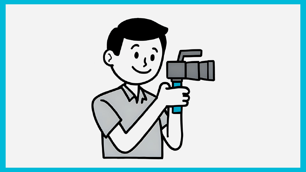 Cartoon drawing of a photographer holding his camera, representing the impact of video marketing, video production services, and a strong sales strategy in business growth.