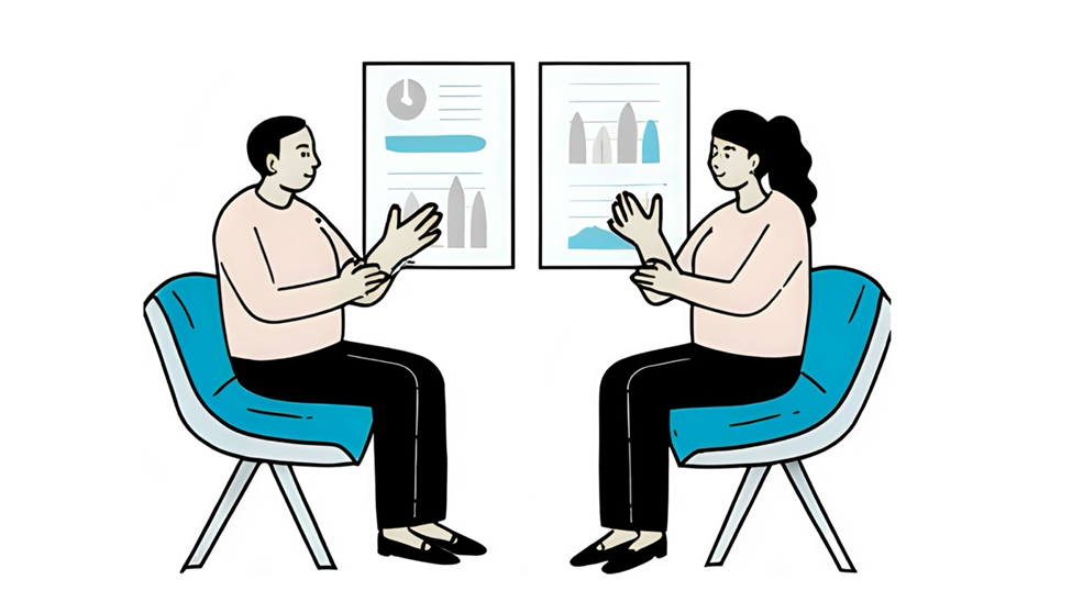 Two employees analyzing marketing metrics during a meeting, assessing how digital marketing enhances strong brand identity and supports brand identity growth.