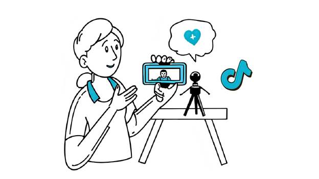 Lady livestreaming product reviews - Ink & Arrow Marketing Co. Cartoon woman recording a live video to showcase her favorite products, using video marketing to boost customer engagement.