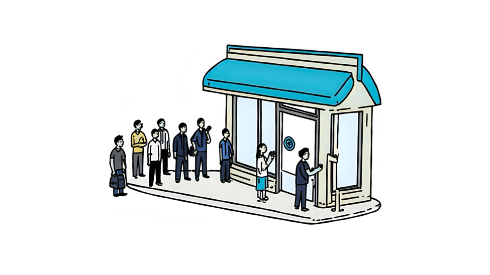 A group of people standing outside a well-known store, reflecting the impact of a strong brand identity, strong brand loyalty, and digital marketing influence.