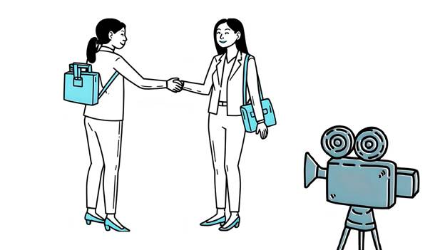 Satisfied client after marketing video shoot - Ink & Arrow Marketing Co. Cartoon of a happy client after completing a video marketing shoot that helped refine their sales strategy.
