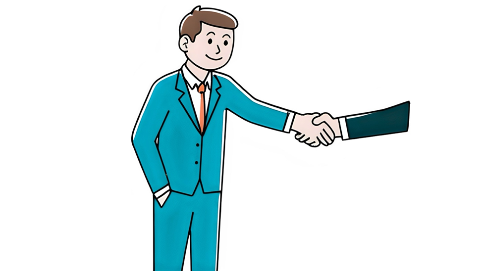 A business owner smiling and shaking hands with a happy customer, symbolizing trust built through a strong brand identity and strategic digital marketing.